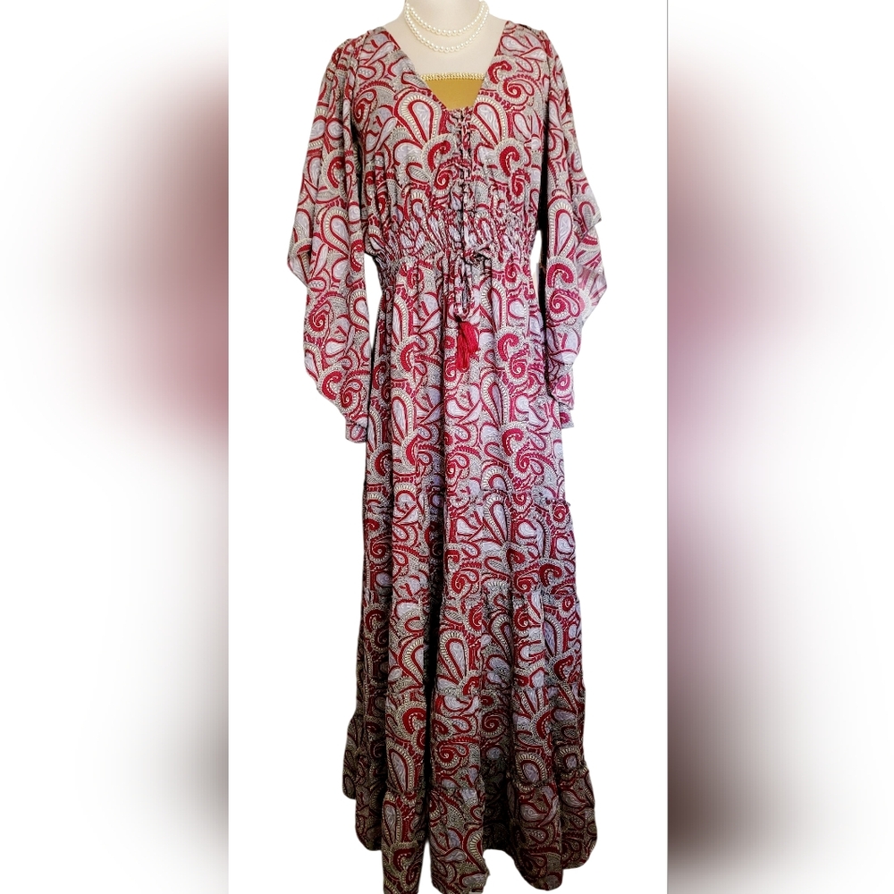 Anthropologie Boemo Paisley Print Batwing Sleeve Tassel Front Tie Maxi Dress NWT